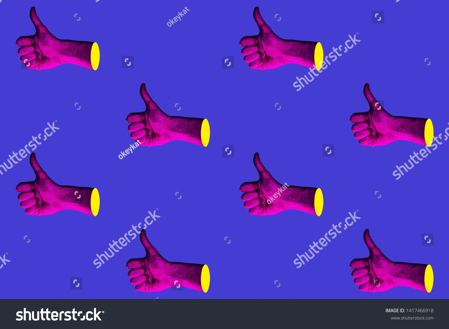 Contemporary minimalistic art collage in neon bold colors with hands showing thumbs up. Like sign surrealism creative wallpaper. Psychedelic design pattern. Template with space for text.  #1417466918