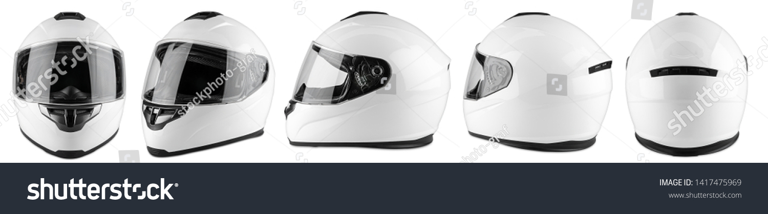 Set collection of white motorcycle carbon integral crash helmet isolated on white background. motorsport car kart racing transportation safety concept #1417475969