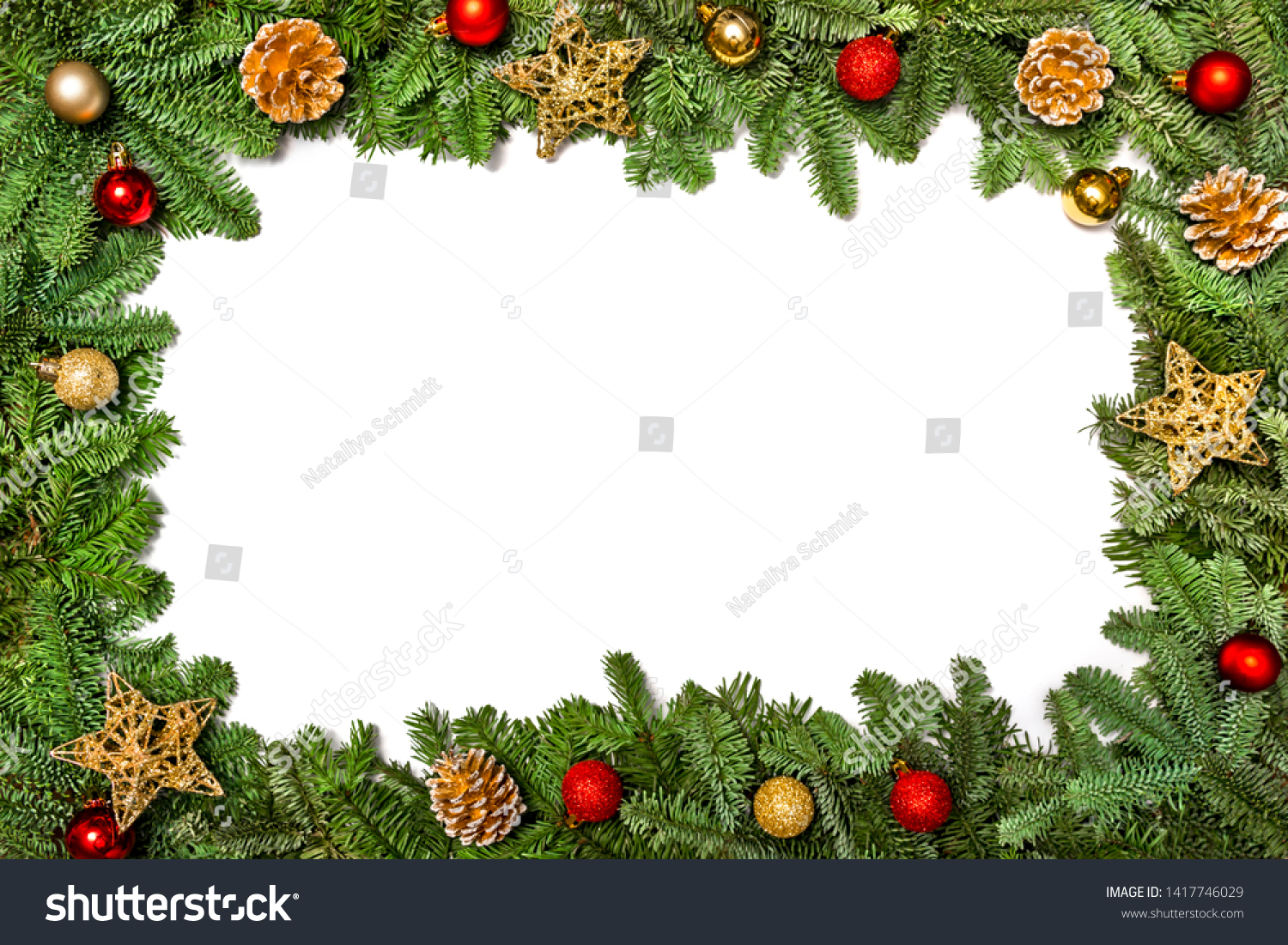  Christmas frame. Christmas card. New Year`s greetings. Frame with branches of a Christmas tree decorated with balls, toys and cookies #1417746029