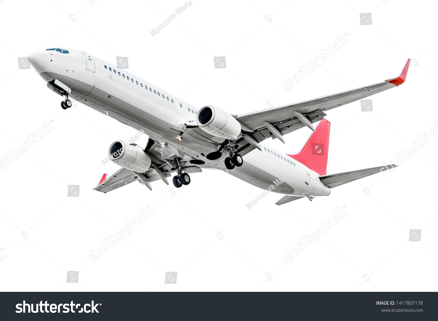 Plane with two turbofan engines, landing gear and red winglets, isolated on white #1417807178