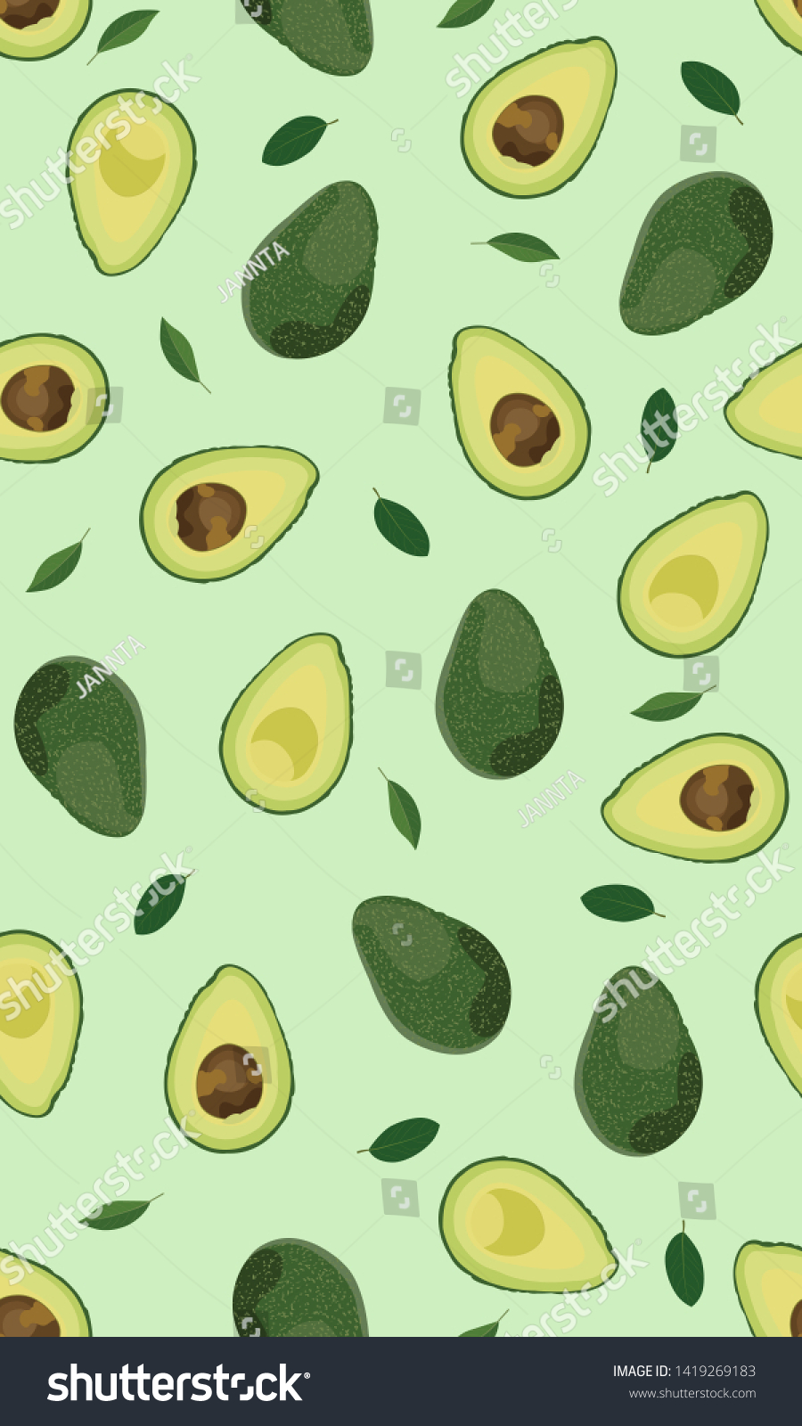 Seamless pattern whole and sliced avocado on bright green background, Vector illustration #1419269183
