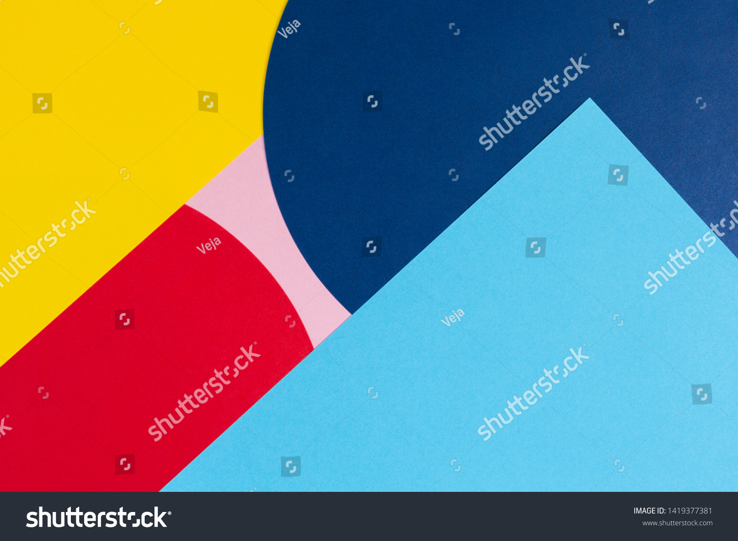 Texture background of fashion papers in memphis geometry style. Yellow, blue, light blue, red and pastel pink colors. Top view, flat lay #1419377381
