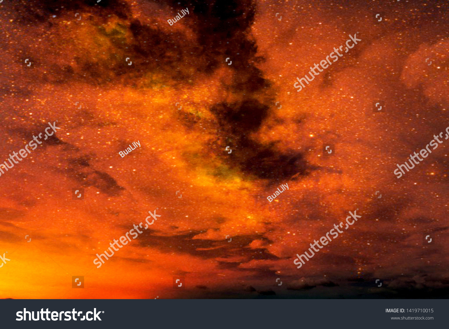 Realistic abstract nature texture of Moody and scary Dark clouds & stars in red & orange night sky space for background, backdrop, template & wallpaper. Mystery Planet, Universe & cosmology concept 
 #1419710015