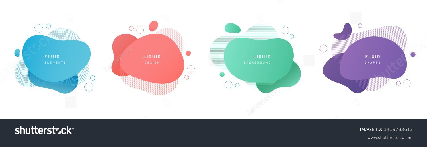 Red flat shape and green fluid blob, blue liquid stain and violet geometric form. Set of isolated abstract aqua spot with gradient or dynamic color. Background for card or template design for flyer. #1419793613