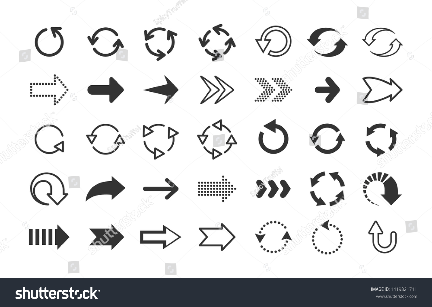 Black arrows. Circle and line direction symbols, flat pointers cursors and next page signs. Vector up down left right refresh motion arrow set #1419821711