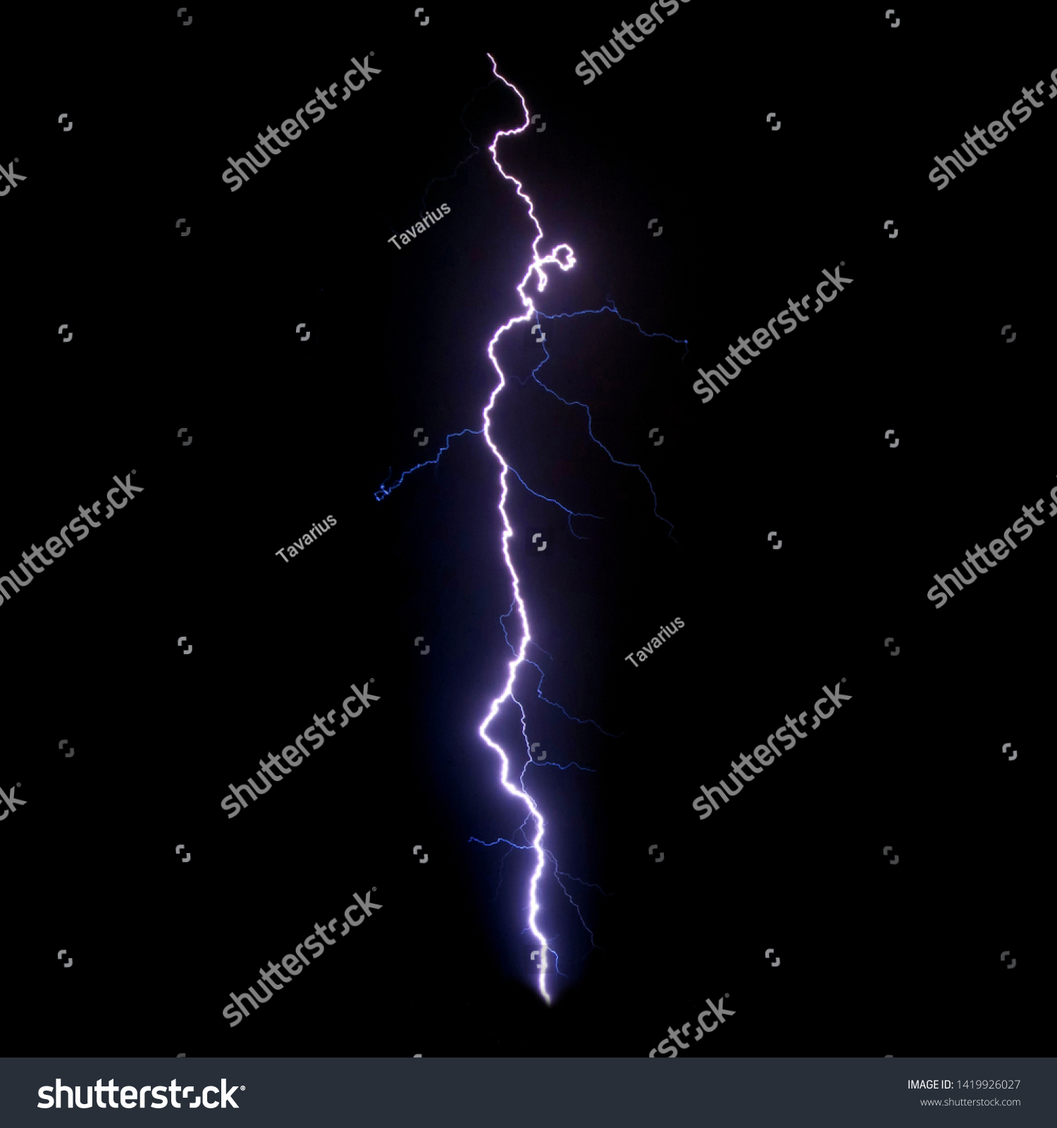 Realistic lightning isolated on black background for design element. Electricity. Natural light effect, bright glowing. #1419926027