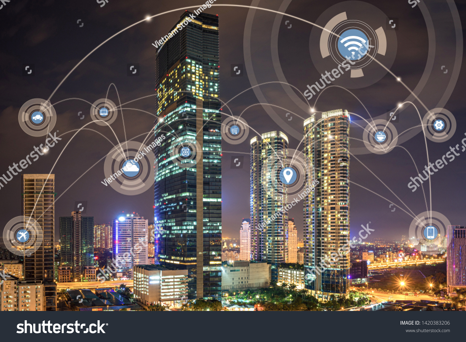 Smart city and wireless communication network concept. Digital network connection lines of Hanoi city #1420383206