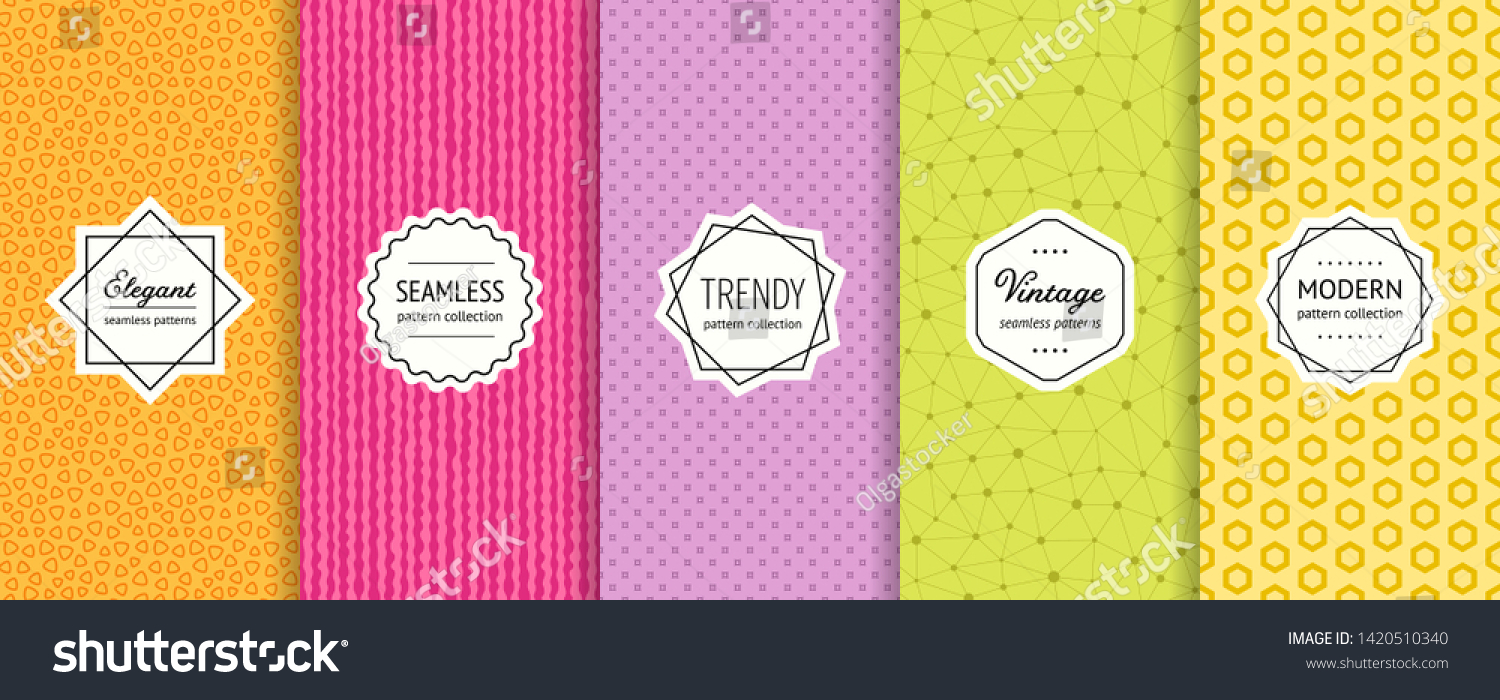 Vector geometric seamless patterns collection. Set of bright colorful background swatches with elegant minimal labels. Cute abstract textures. Modern design. Orange, pink, purple, green, yellow color #1420510340