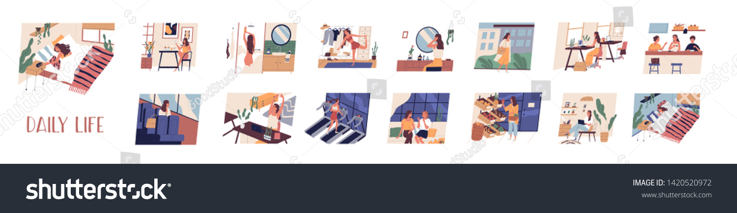 Set of everyday leisure and work activities performing by young woman. Bundle of daily life scenes. Girl sleeping, eating, working, doing sports, grocery shopping. Flat cartoon vector illustration. #1420520972