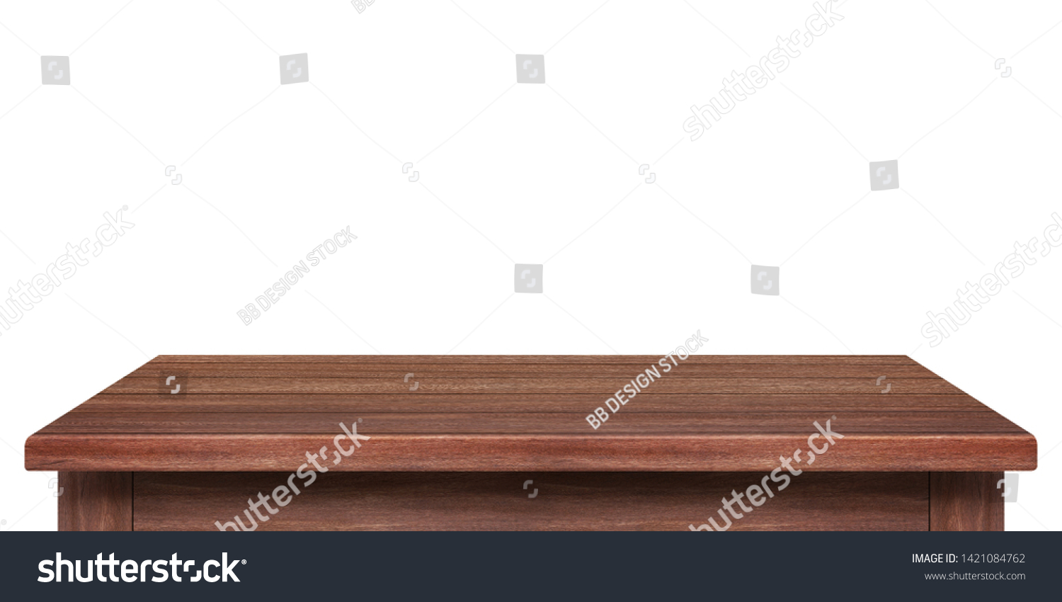 Empty wooden table isolated on white background, of free space for your copy and branding. Use as products display montage. Vintage style concept. #1421084762