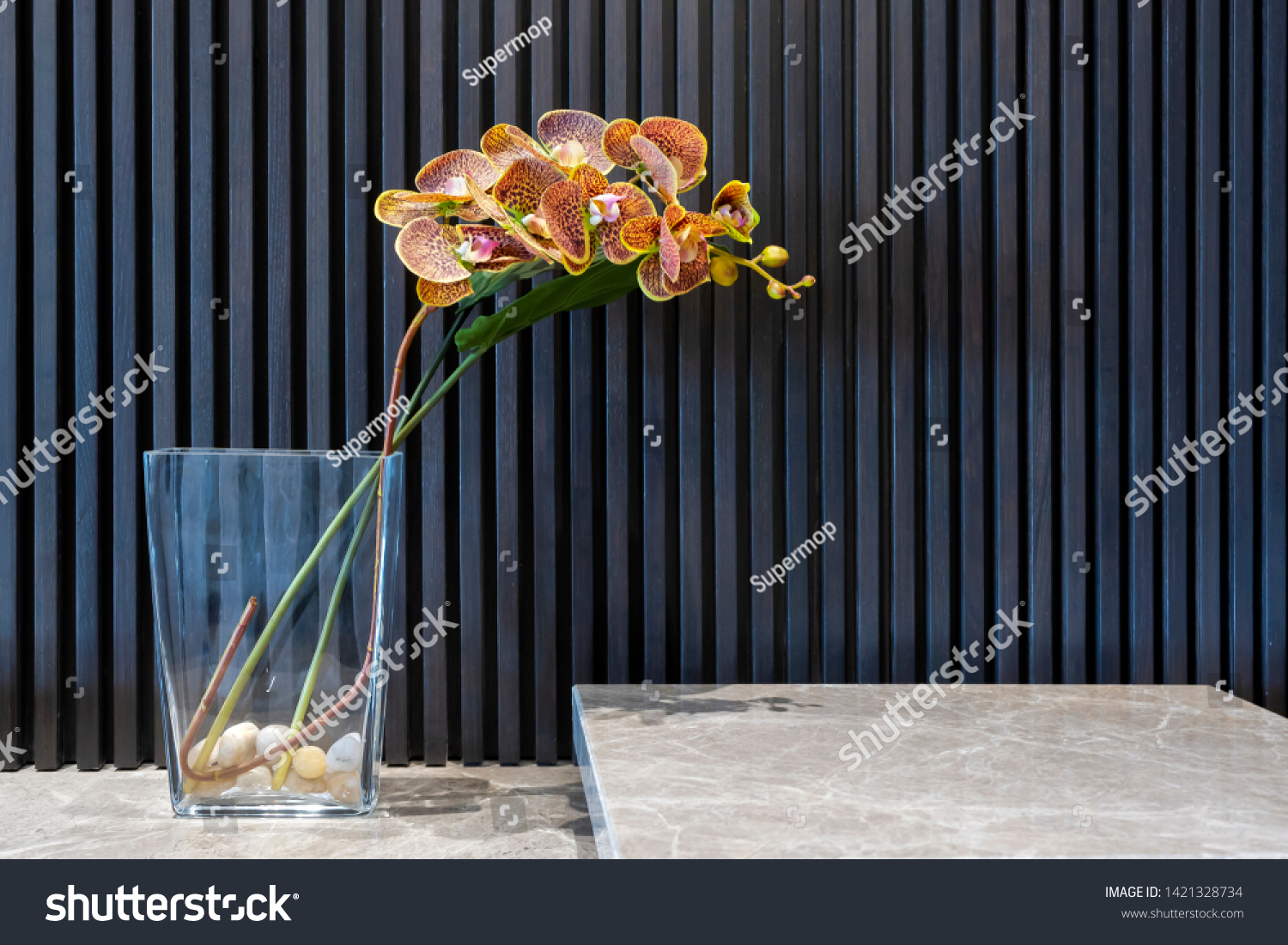 Beautiful yellow orchids in vases on marble table with black straight line wall interior decoration contemporary with space for advertising text #1421328734