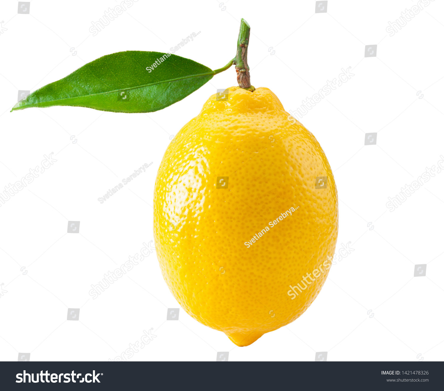 Lemon with green leaf isolated on white background, clipping path #1421478326