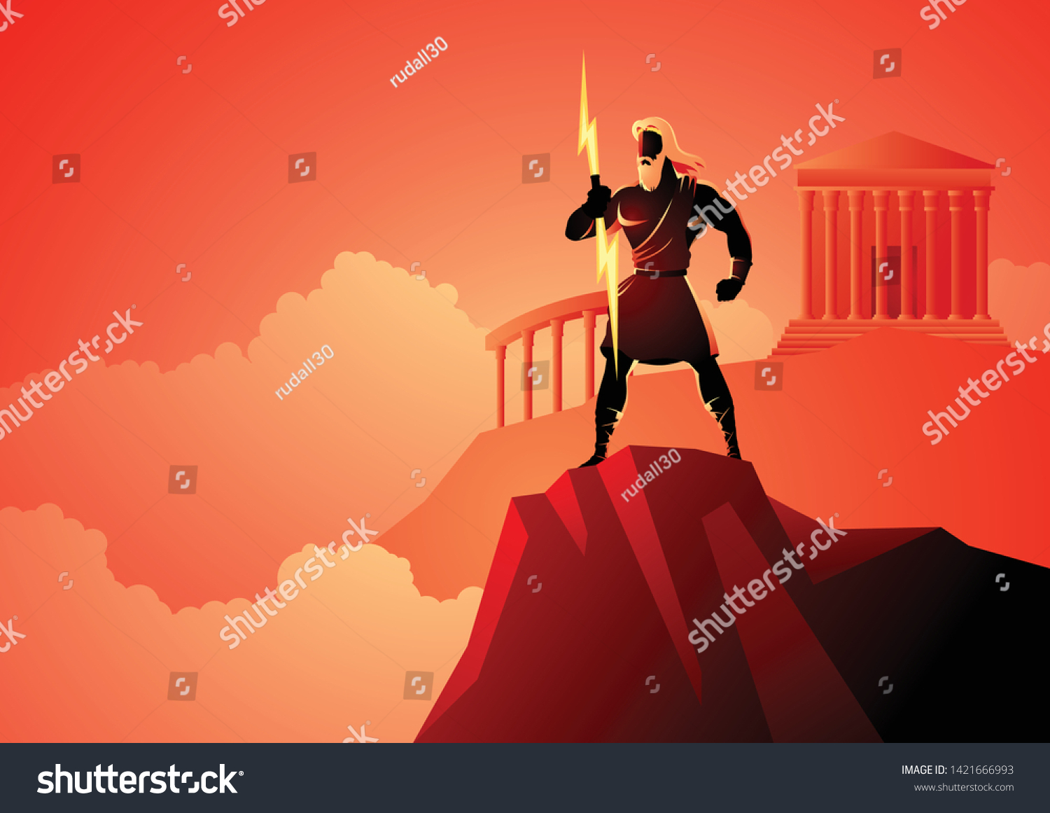Greek god and goddess vector illustration series, Zeus, the Father of Gods and men standing on mountain Olympus #1421666993