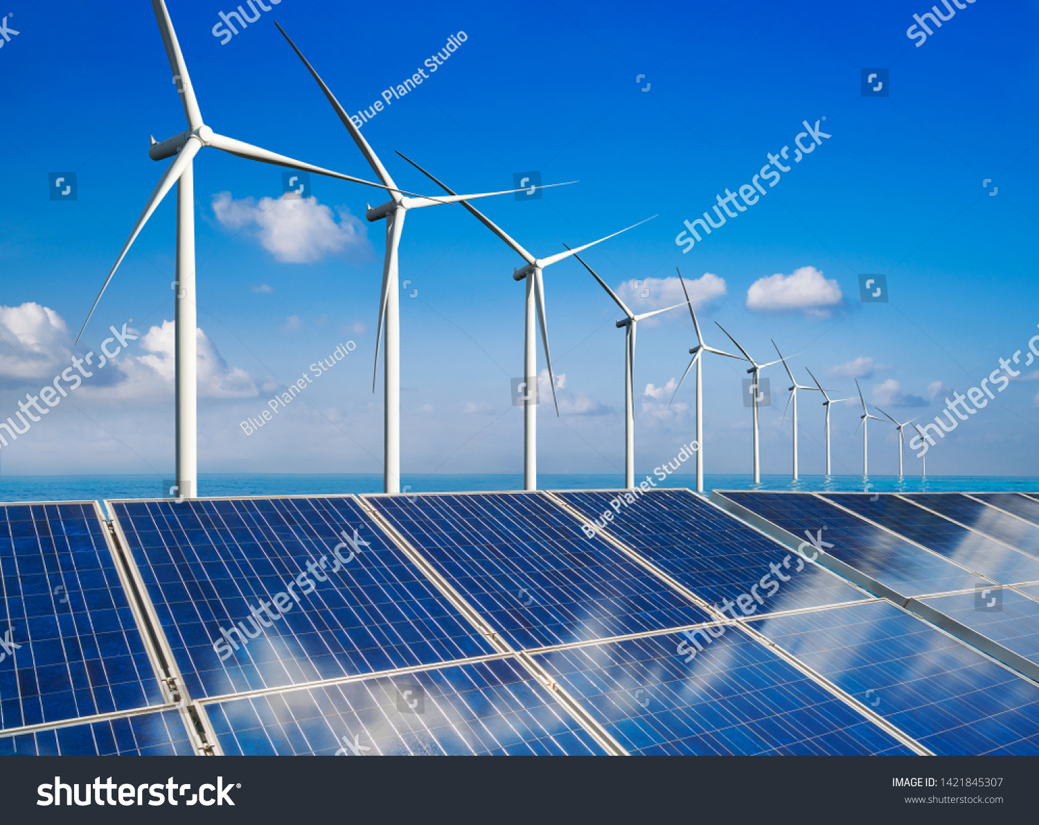 Solar energy panel photovoltaic cell and wind turbine farm power generator in nature landscape for production of renewable green energy is friendly industry. Clean sustainable development concept. #1421845307