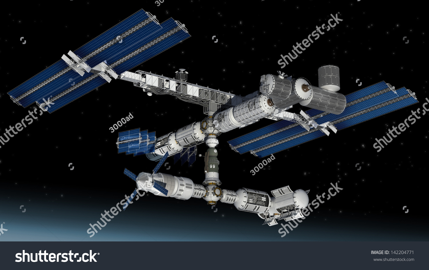 Satellite Space station flying over Earth with reflective solar panels and a modular interchangeable structure. #142204771