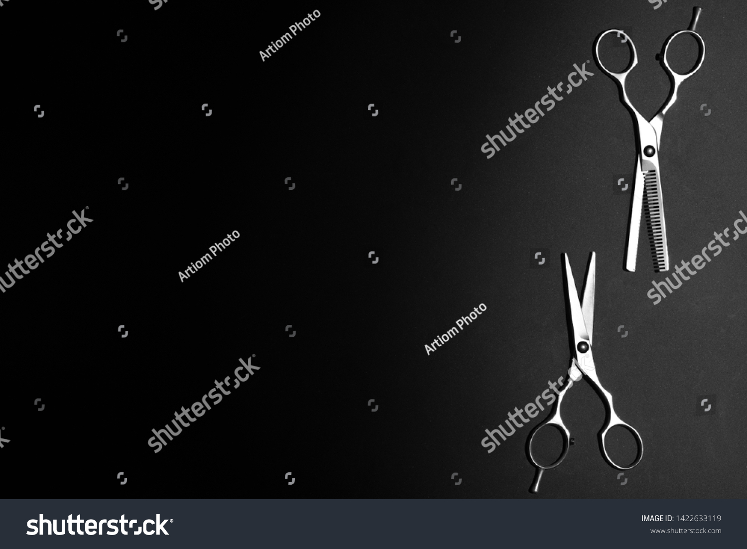 scissors for haircut, texturizing or thinning hair cutting shears, professional salon equipment on black background. Flat lay mockup #1422633119