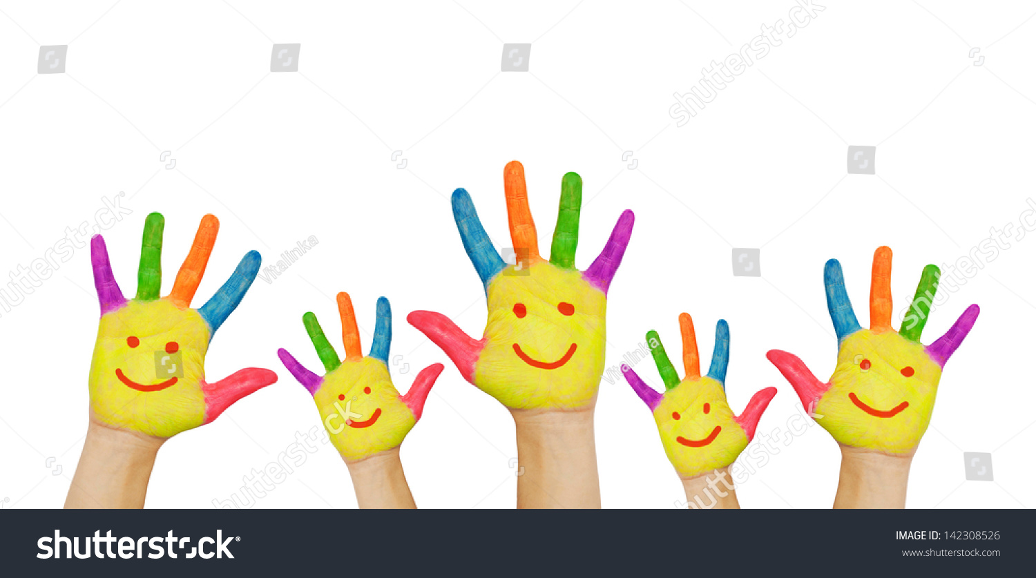 Children's smiling colorful hands raised up. The concept of classroom or back to school. Isolated on white background #142308526
