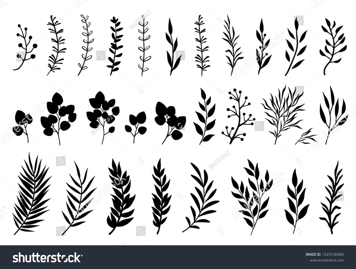 Set of tree branches, eucalyptus, palm leaves, herbs and flowers silhouettes #1423136480
