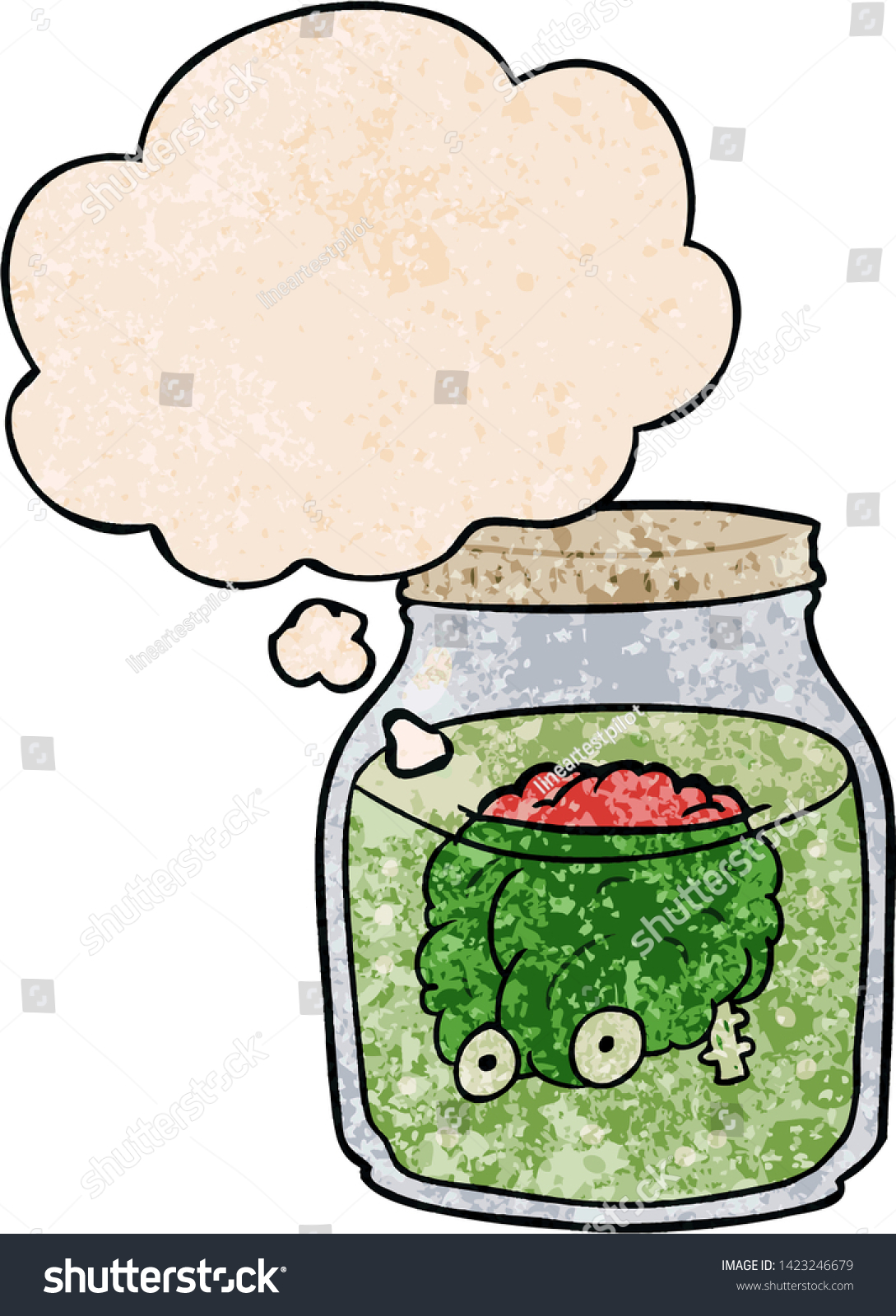 cartoon spooky brain in jar with thought bubble in grunge texture style #1423246679