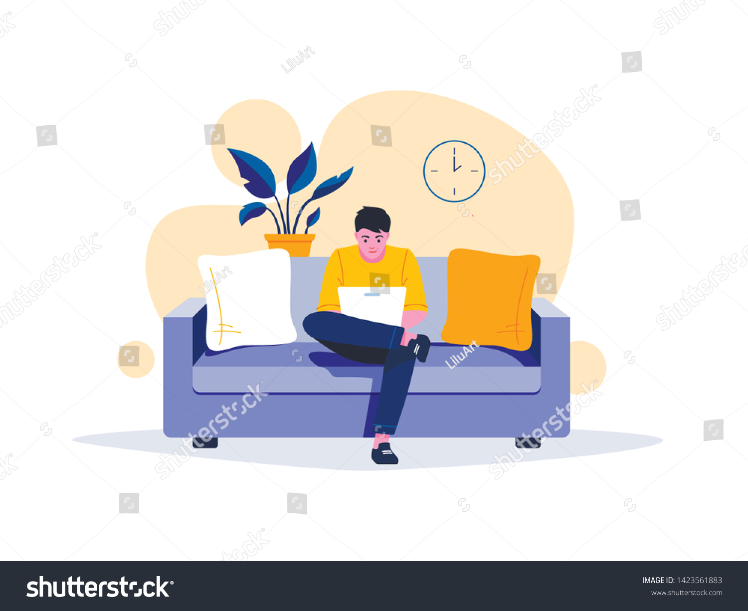 Young man is sitting with laptop on the sofa at home. Working on a computer. Freelance, online education or social media concept. Vector illustration isolated on white #1423561883
