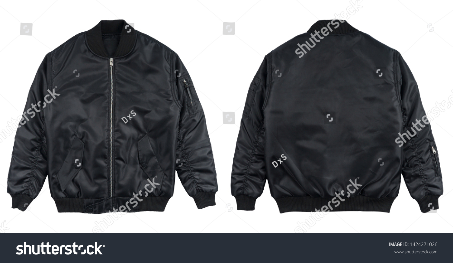 Bomber jacket black color in front and back view isolated on white background. #1424271026