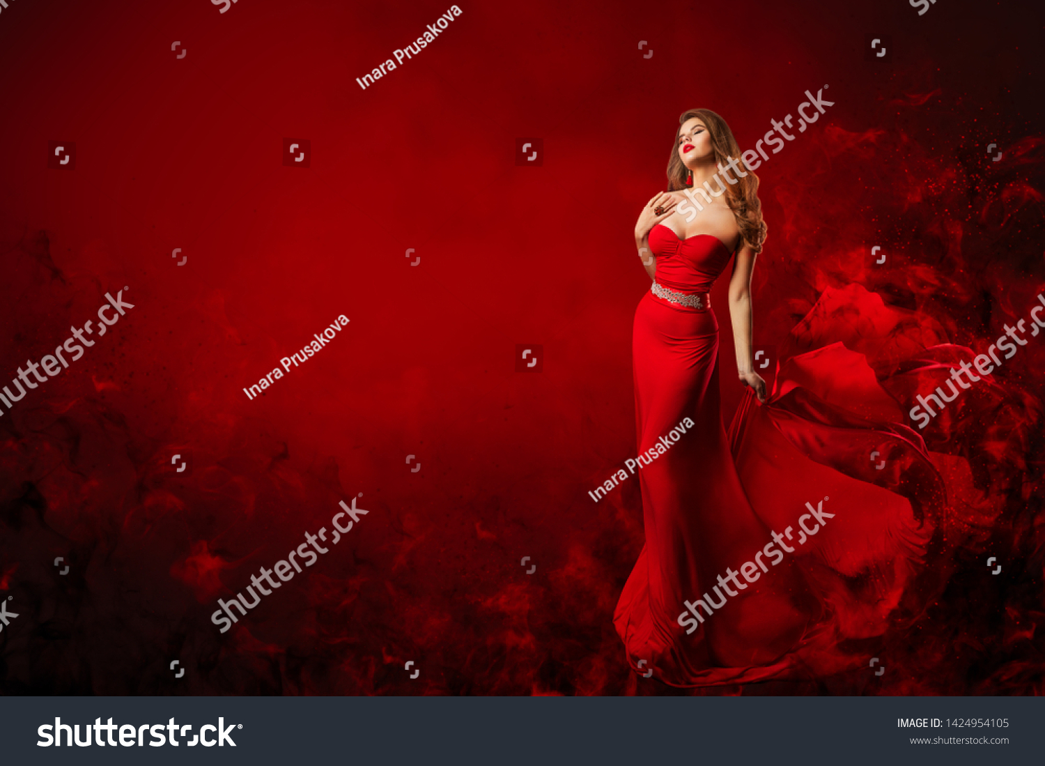 Beautiful Fashion Model in Red Dress, Woman Beauty Portrait, Elegant Lady in Long Sexy Gown #1424954105