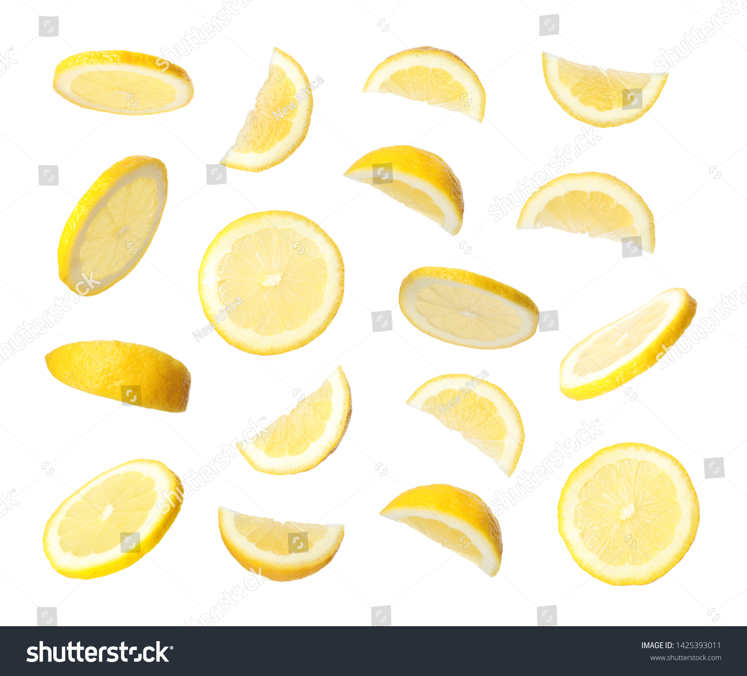 Set of flying cut fresh juicy lemon on white background #1425393011