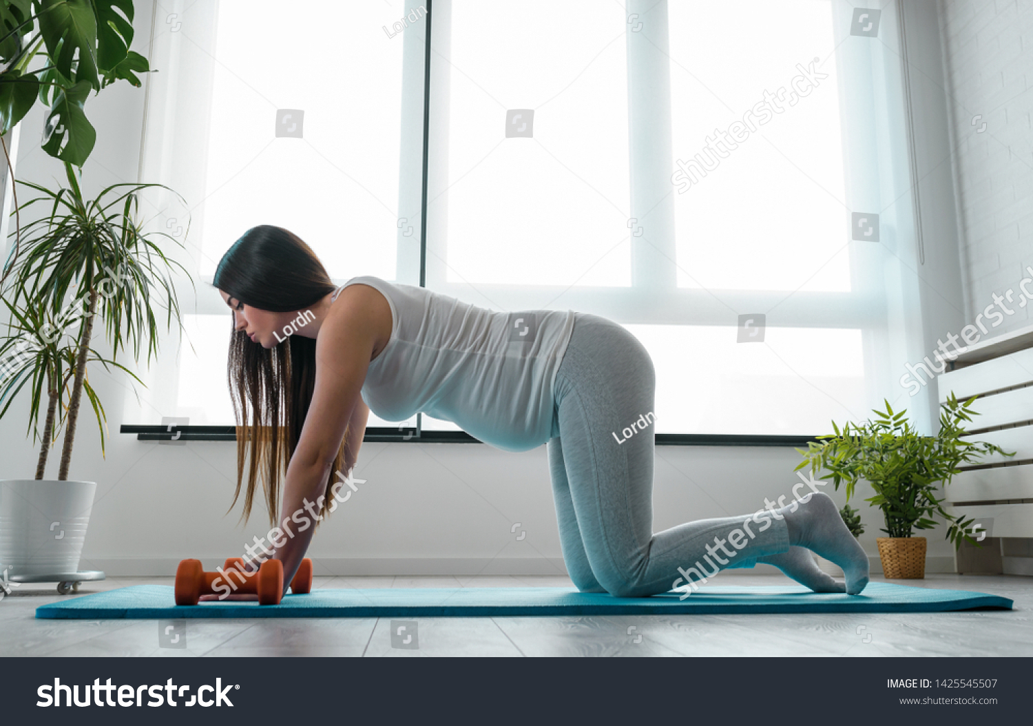 Happy smiling beautiful pregnant woman exercising at home #1425545507