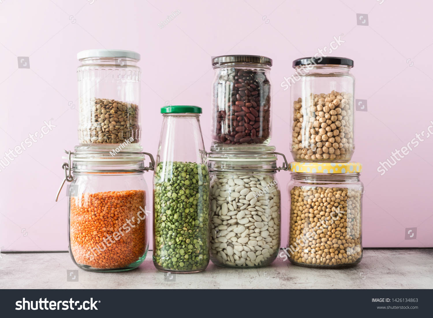 Variety of legumes in glass jars. Zero waste storage concept #1426134863
