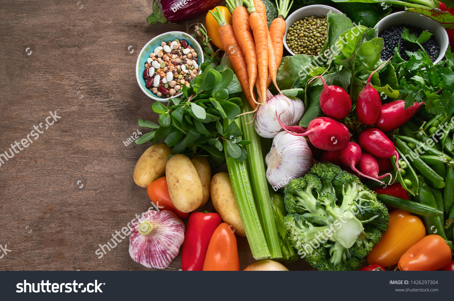 Assortment of fresh vegetables. Vegan and vegetarian diet concept. Organic local food. Top view with copy space #1426297304