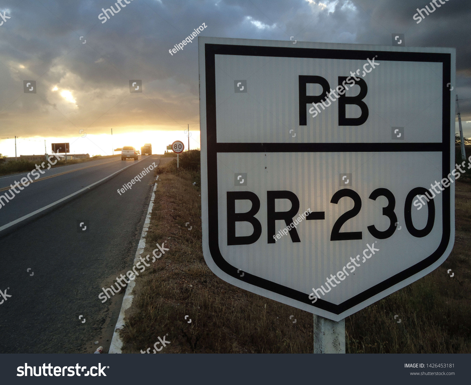 Approximate image of a white traffic sign next to a Brazilian highway, BR 230, near the municipality of Soledade, Paraíba, Brazil. #1426453181