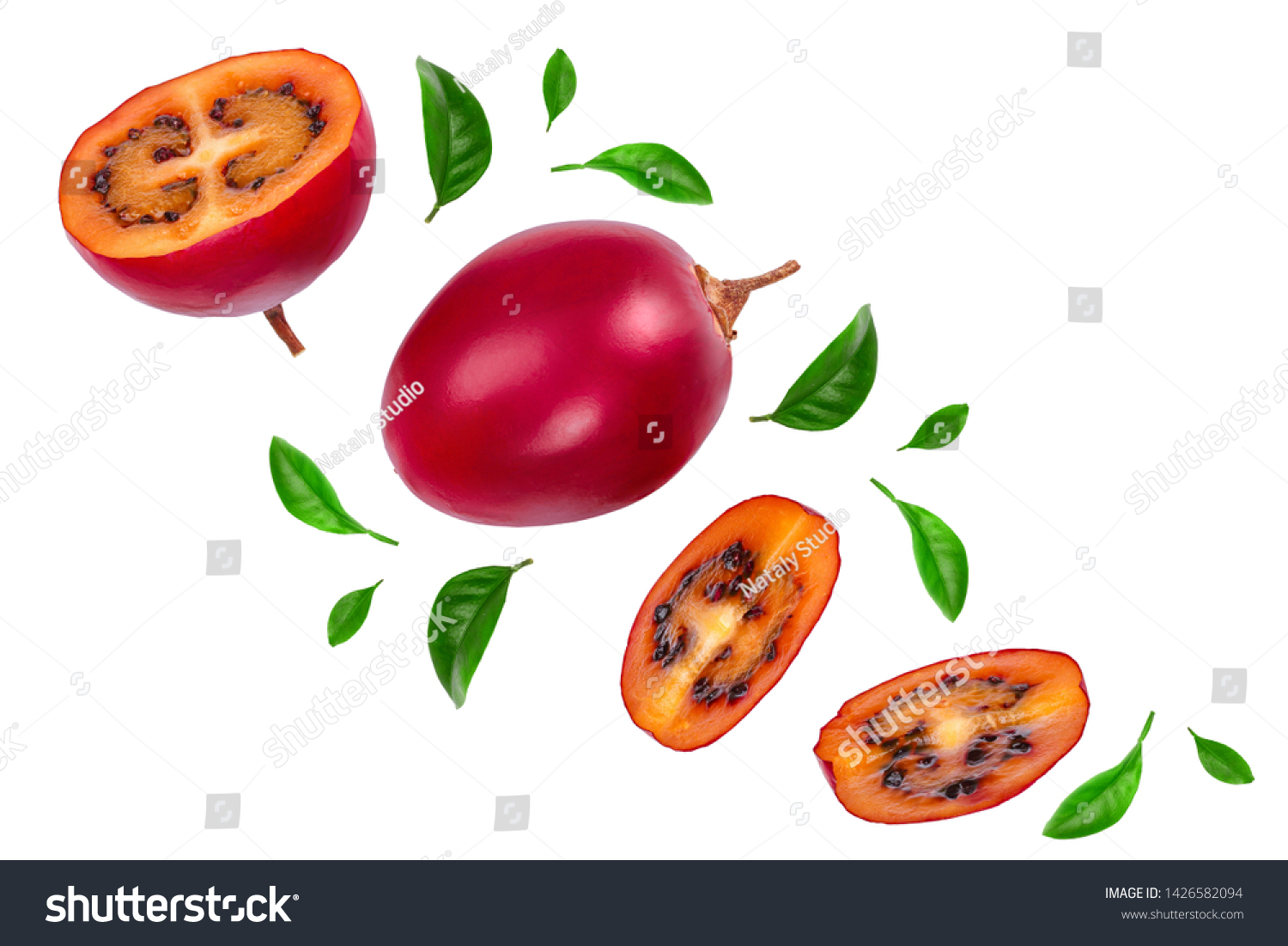 Fresh tamarillo fruit with leaves isolated on white background. Top view. Flat lay #1426582094