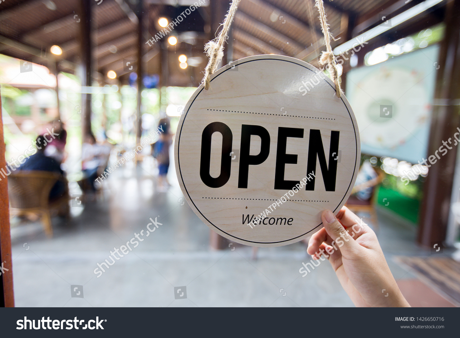 Open sign in coffee shop, Working in cafe. #1426650716