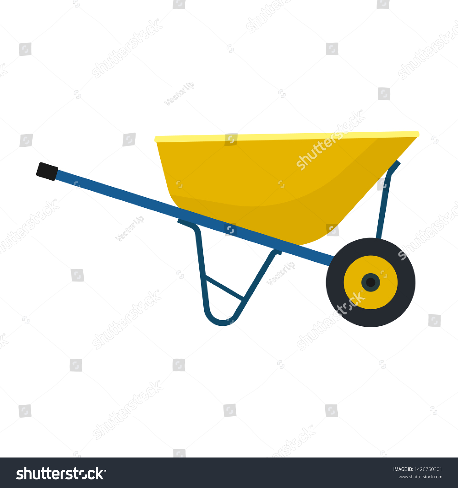 Wheelbarrow yellow garden vector tool equipment side view. Agriculture cart wheel cartoon farm. Flat lawn ground supplies  #1426750301