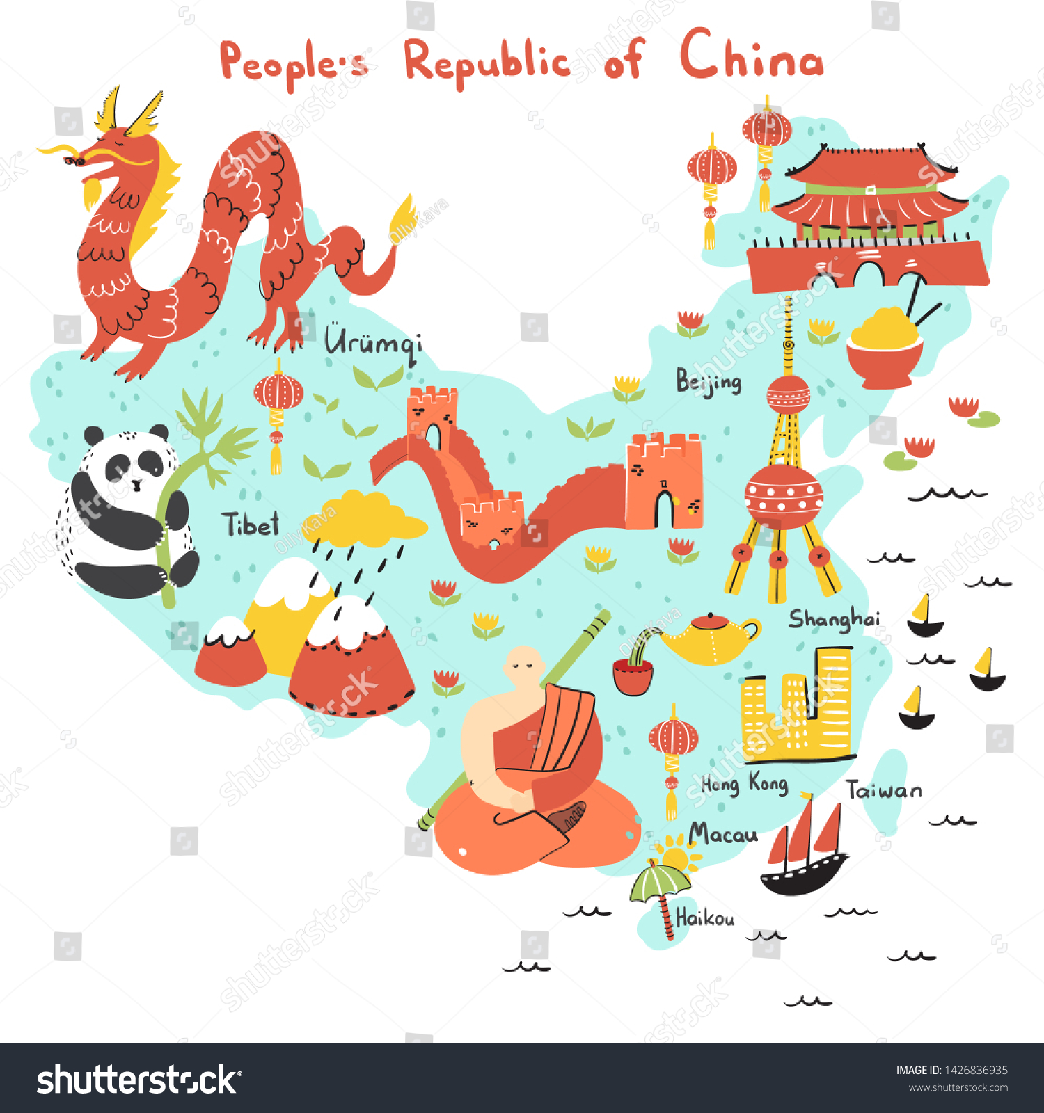 Hand drawn map of People's Republic of China - Royalty Free Stock ...