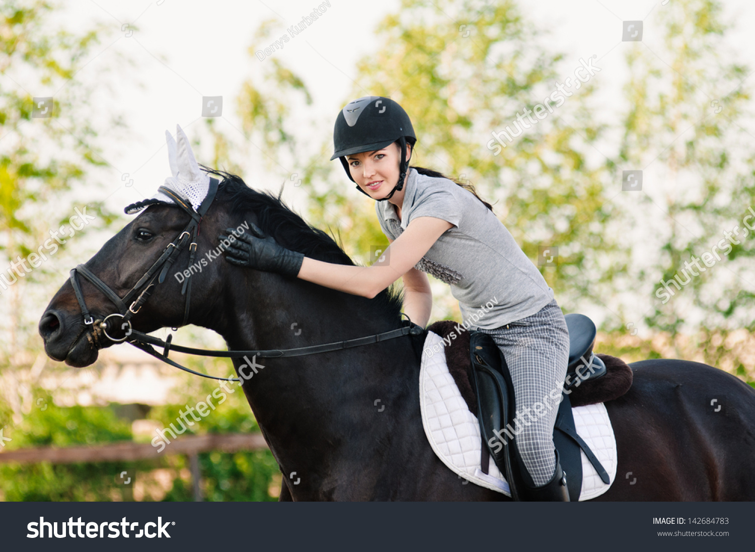 riding young woman portrait on horse in outdoor #142684783