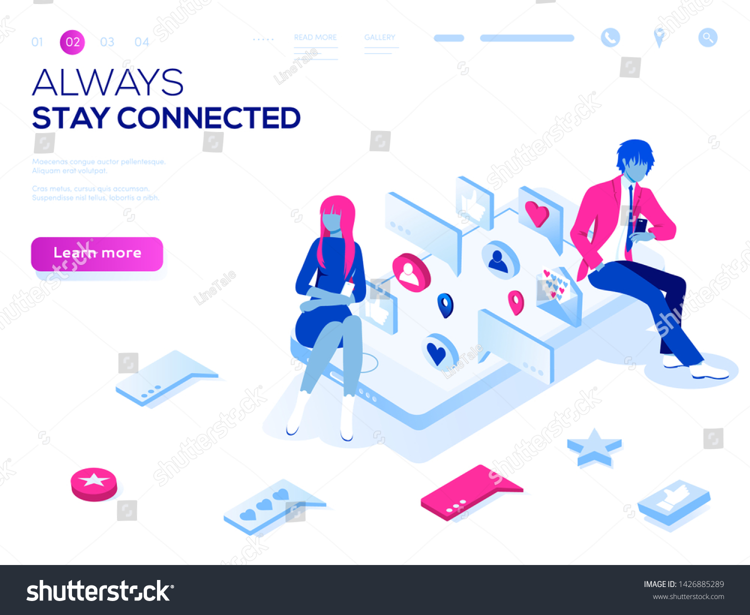 Vector 3d isometric landing page concept. Virtual relationships, online dating and social networking illustration concept. Teenagers chatting on the Internet.  #1426885289