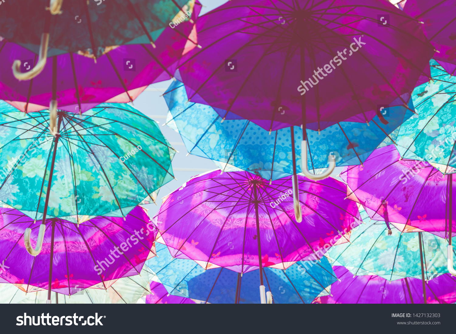 Colorful umbrellas background. Colorful umbrellas in the sky. Street decoration. #1427132303