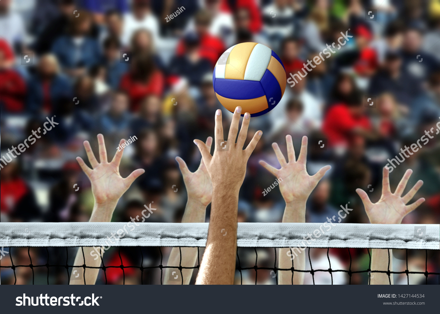 Volleyball spike with hands blocking over the net #1427144534