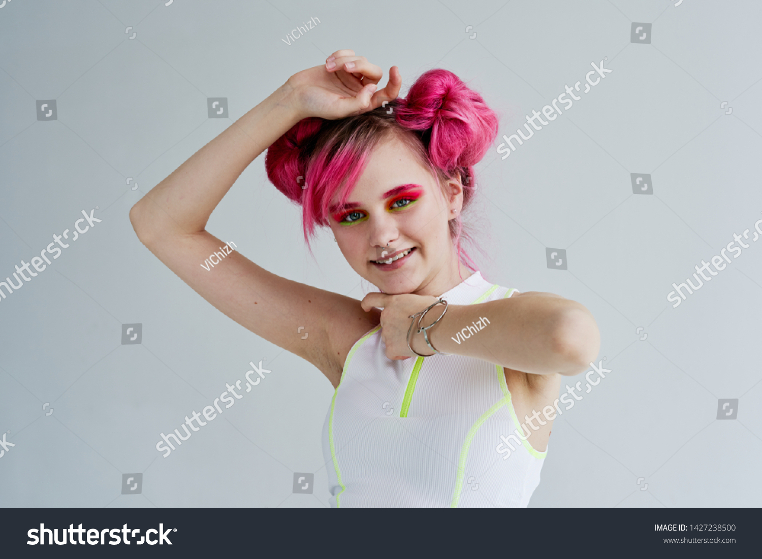 woman with pink hair smiling makeup #1427238500