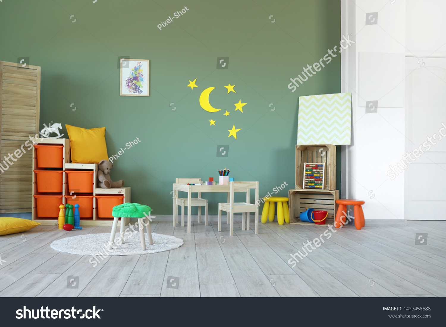 Stylish interior of modern playroom in kindergarten #1427458688