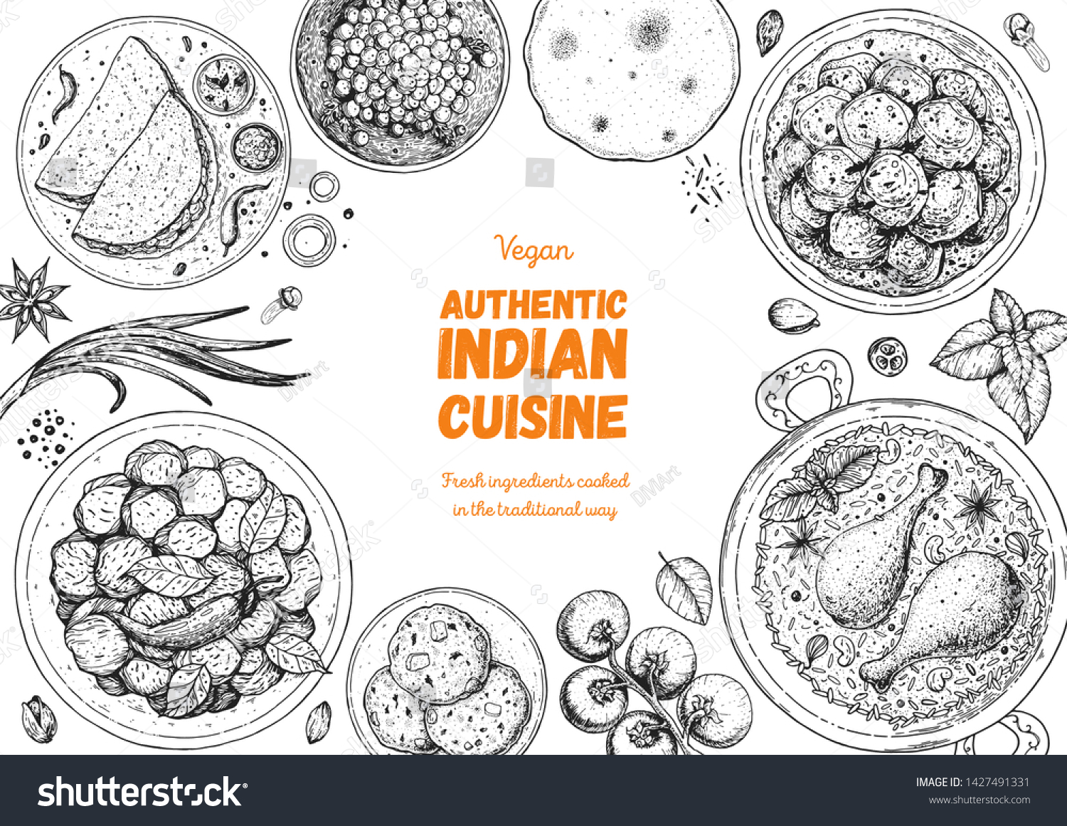 Indian food illustration. Hand drawn sketch. Indian cuisine. Doodle collection. Vector illustration. Menu background. Engraved style. #1427491331
