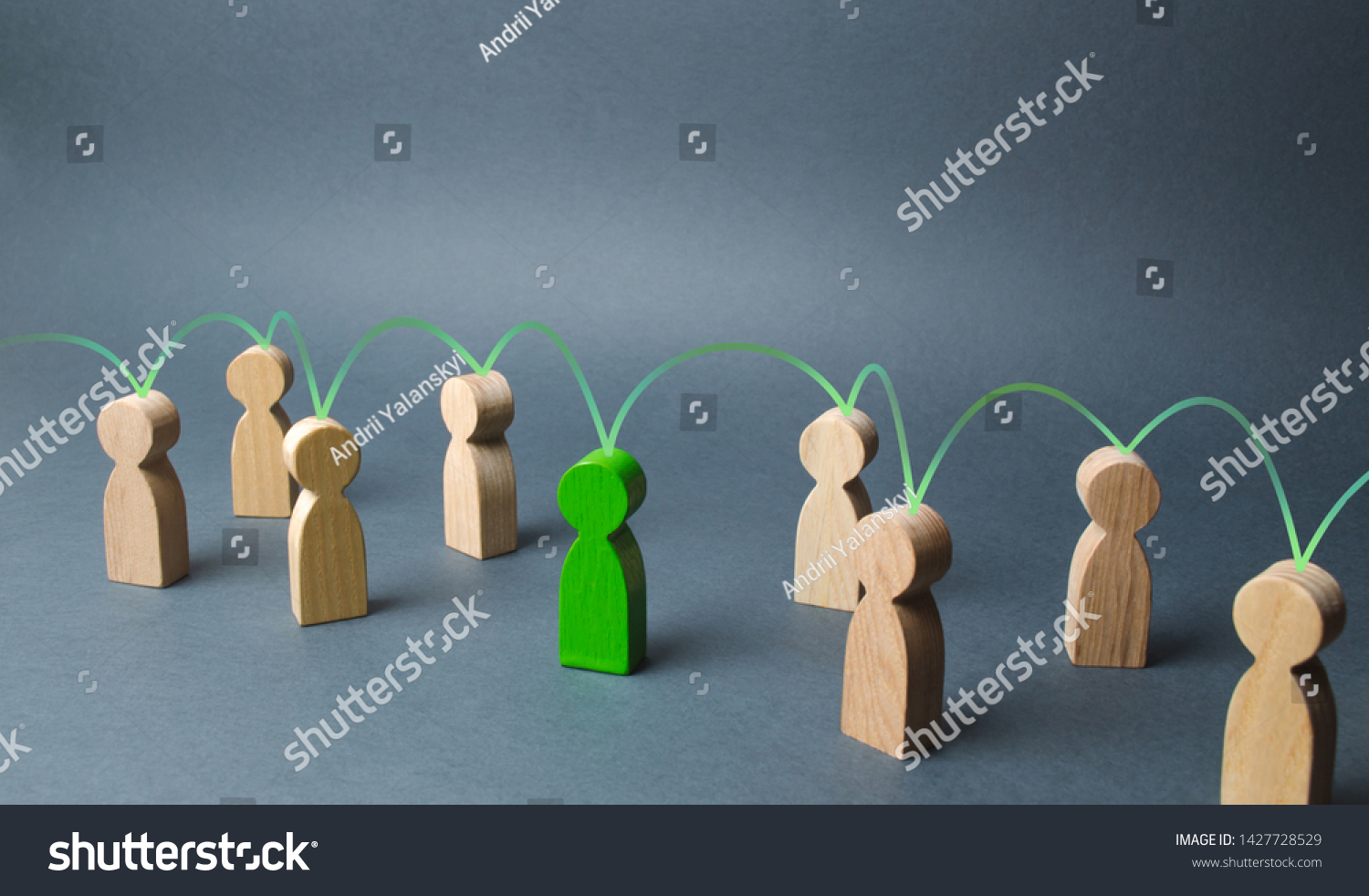 The green figure of a person unites other people around him. Social connections, communication. Organization. Call for cooperation, creating a new team. Leader and leadership, coordination and action, #1427728529