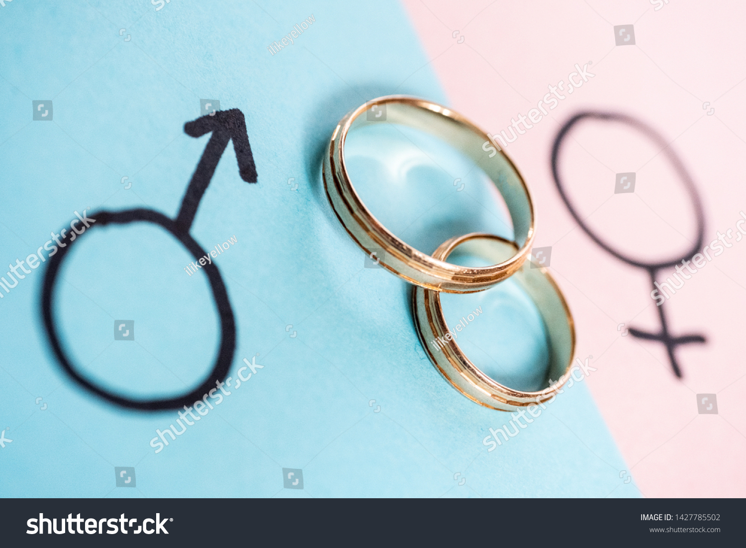 Gender symbols Venus and Mars indicate man and woman on blue and pink paper with two wedding rings. Heterosexual marriage. #1427785502