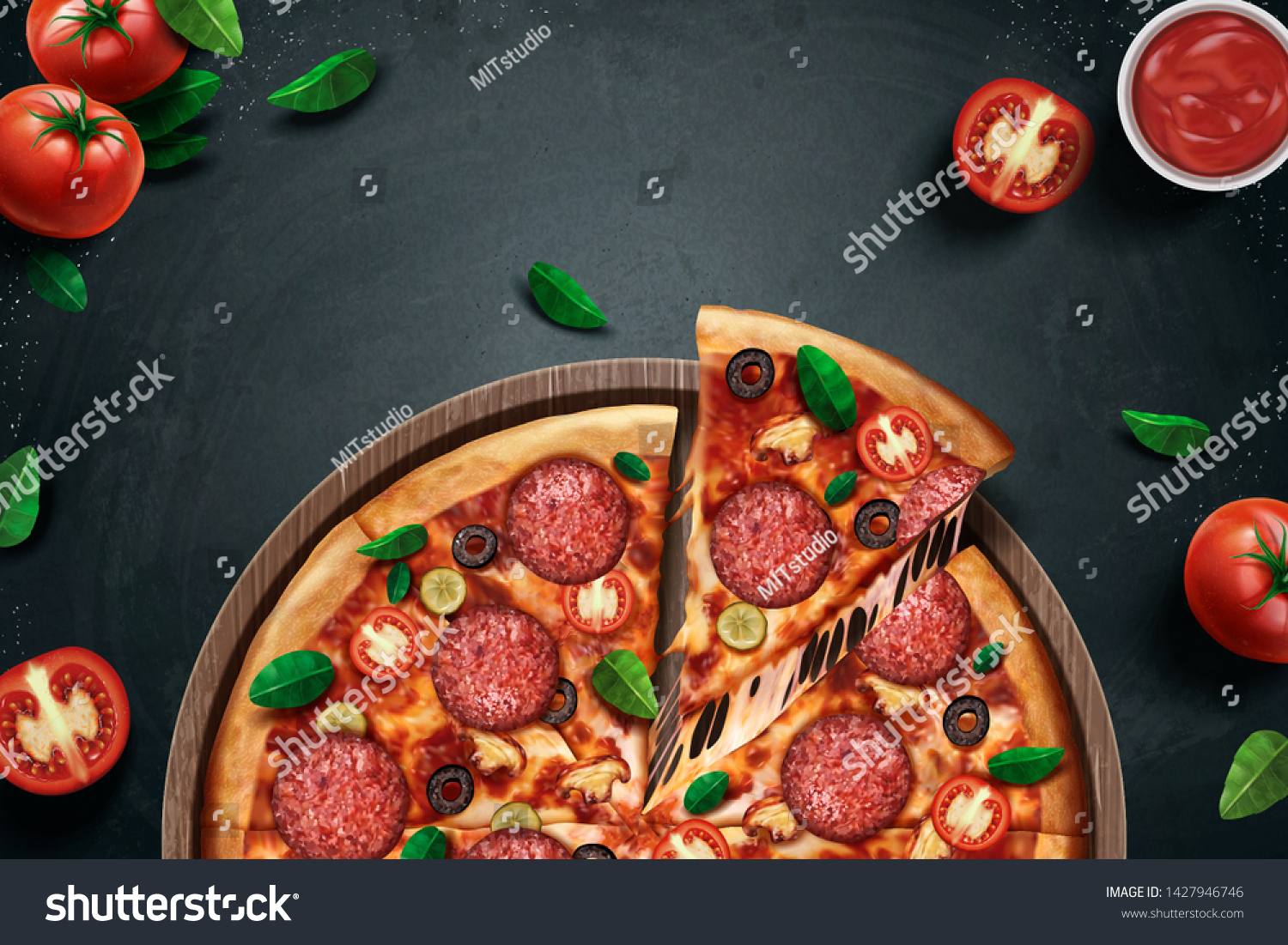Pepperoni pizza ads with delicious ingredients on chalkboard background in 3d illustration #1427946746