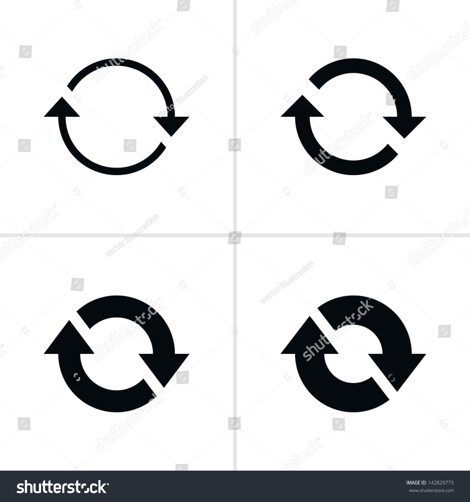 4 arrow sign reload refresh rotation loop pictogram. Set 02. Simple black icon on white background. Modern mono solid plain flat minimal style. Vector illustration web design elements save in 8 eps #142829773