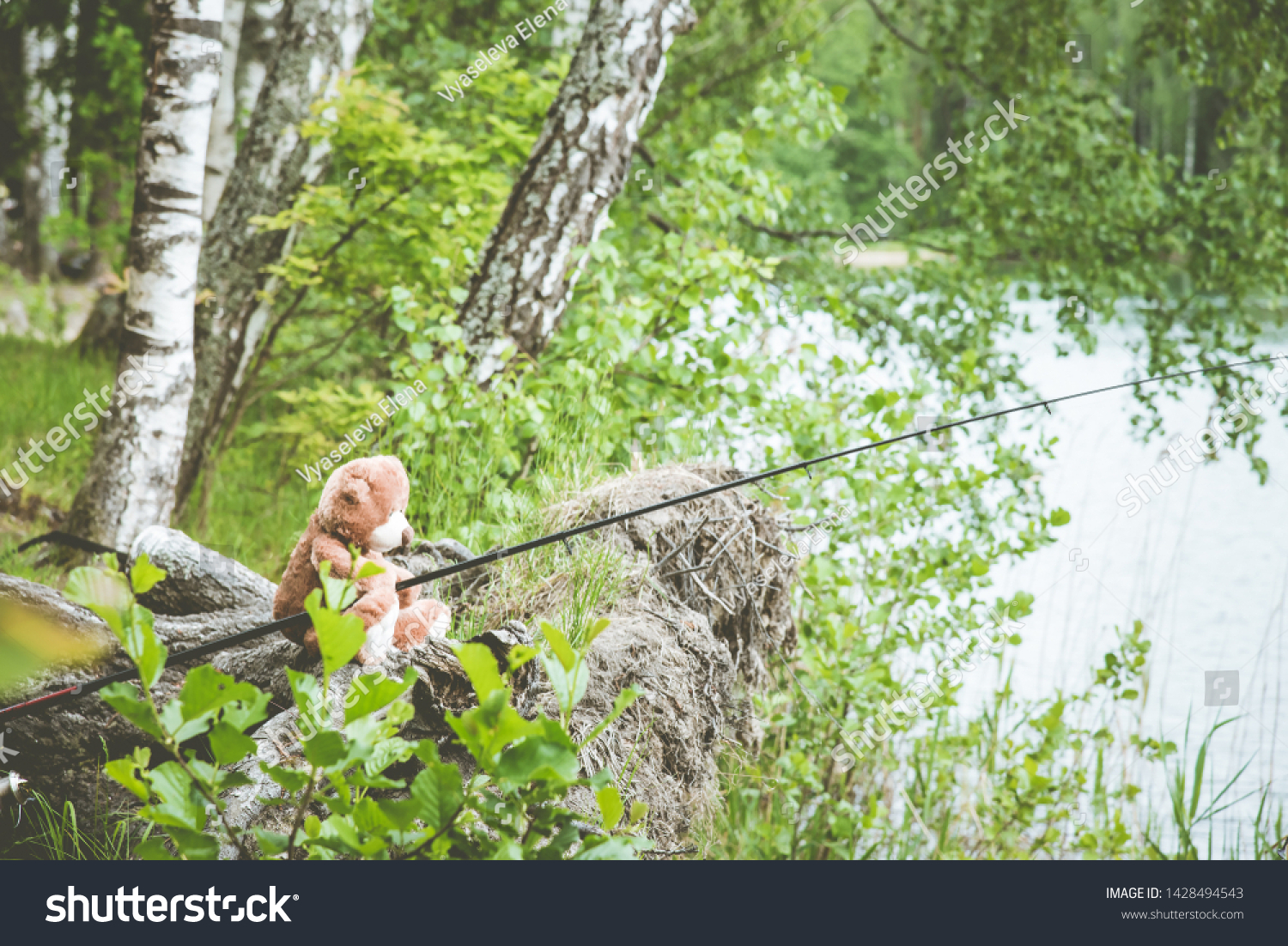 Teddy bear fisherman. Brown teddy bear sits by the lake with a fishing rod and catches fish. Summer nature idyllic landscape #1428494543