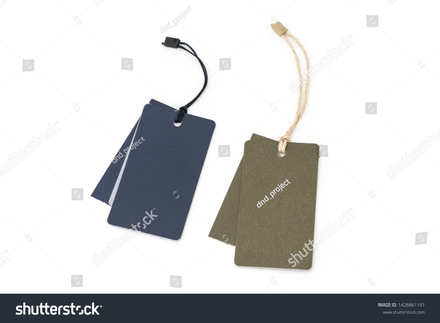 Blank tags tied with string. Price tag, gift tag, sale tag isolated on white background. #1428861191