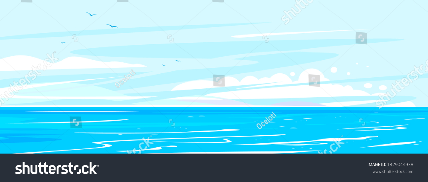 Ocean waves nature background illustration, sea waves in calm sunny weather with splashes and foam, panorama of open deep sea ocean with flying birds on sky #1429044938