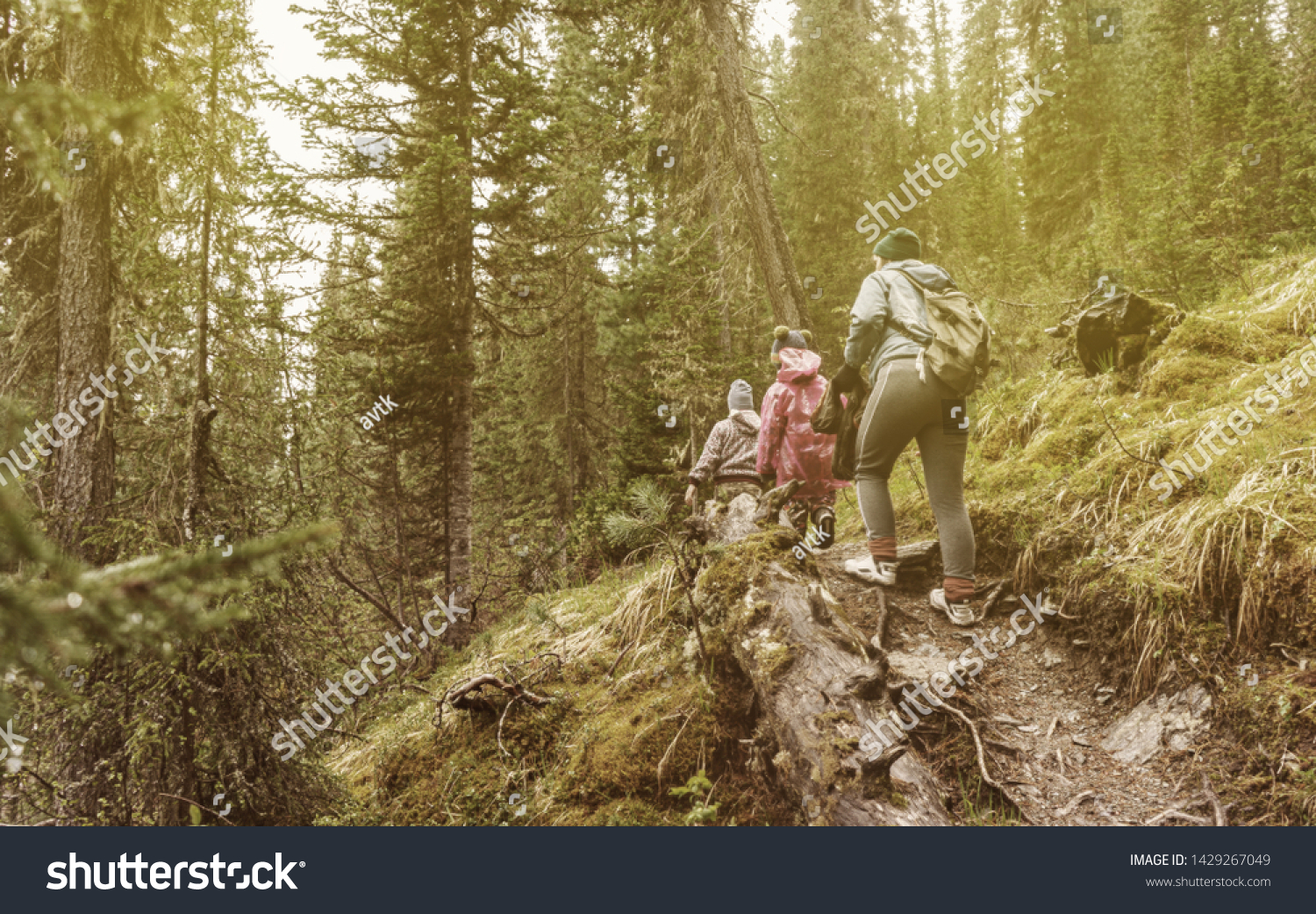 mother with sons climbing in Western Sayan mountains, Siberia #1429267049
